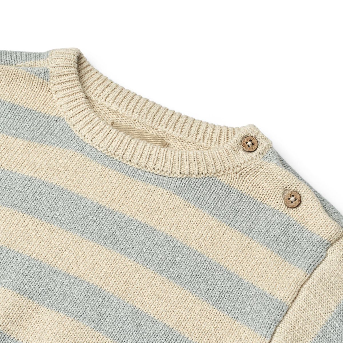 Close up product image of a striped baby pullover sweater