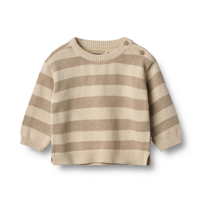 Flat front product image of a striped baby pullover sweater