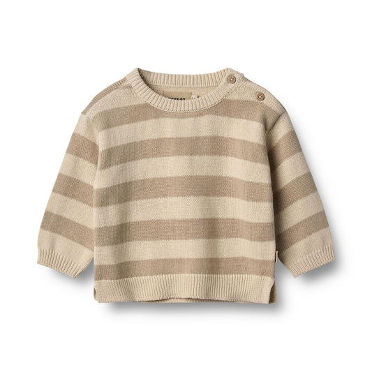 Flat front product image of a striped baby pullover sweater
