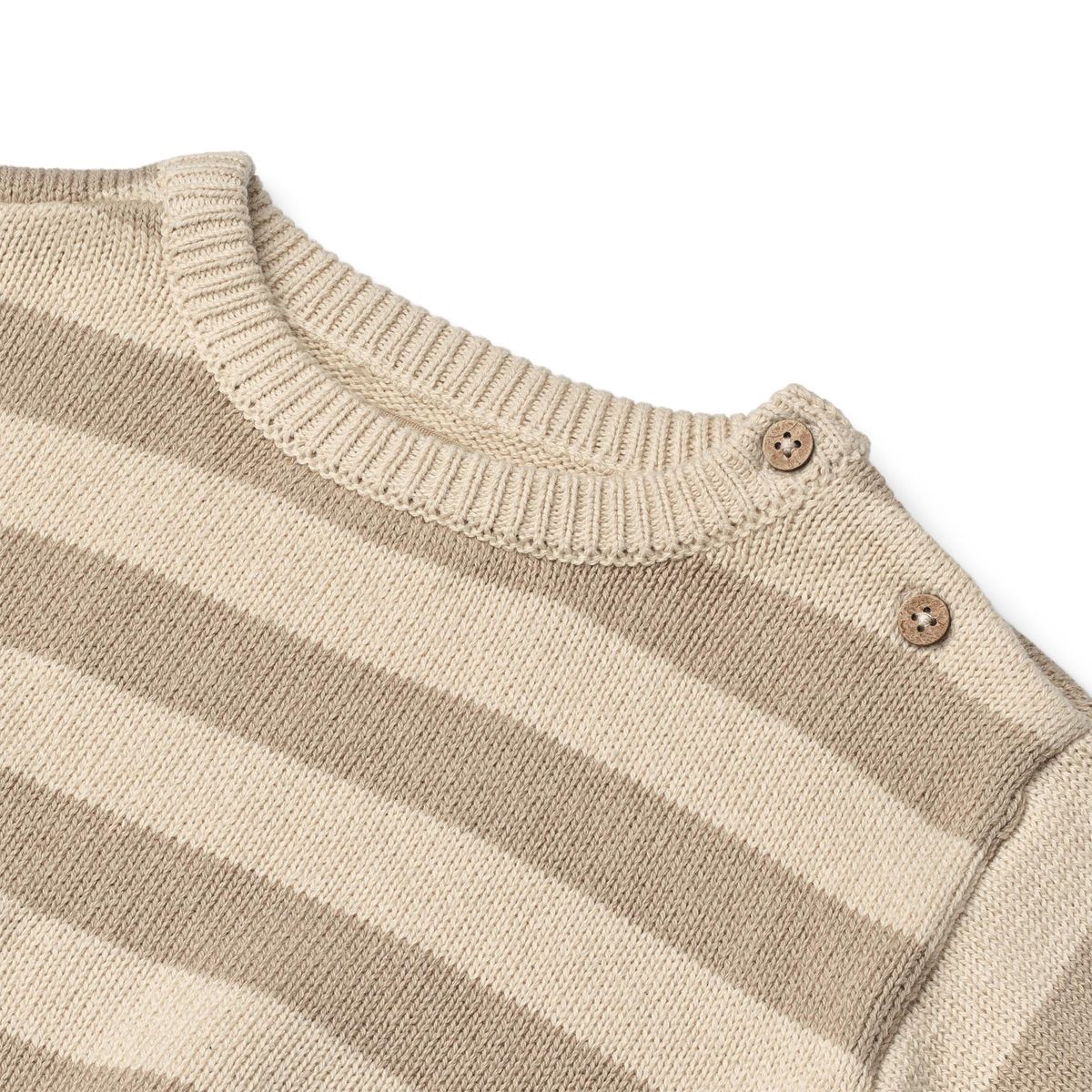Close up product image of a striped baby pullover sweater