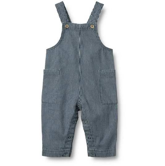 Flat front product image of baby overalls in denim stripe