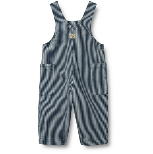Flat back product image of baby overalls in denim stripe