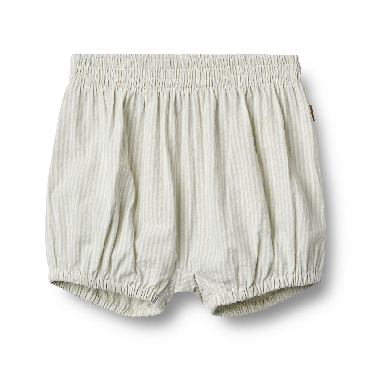 Flat front product image of blue seersucker baby bloomer shorts
