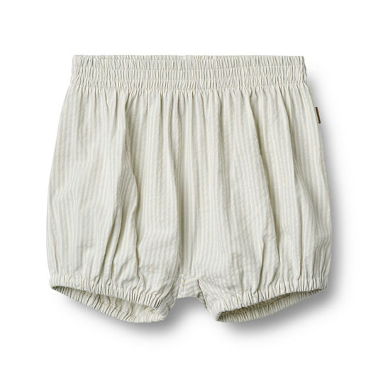 Flat front product image of blue seersucker baby bloomer shorts