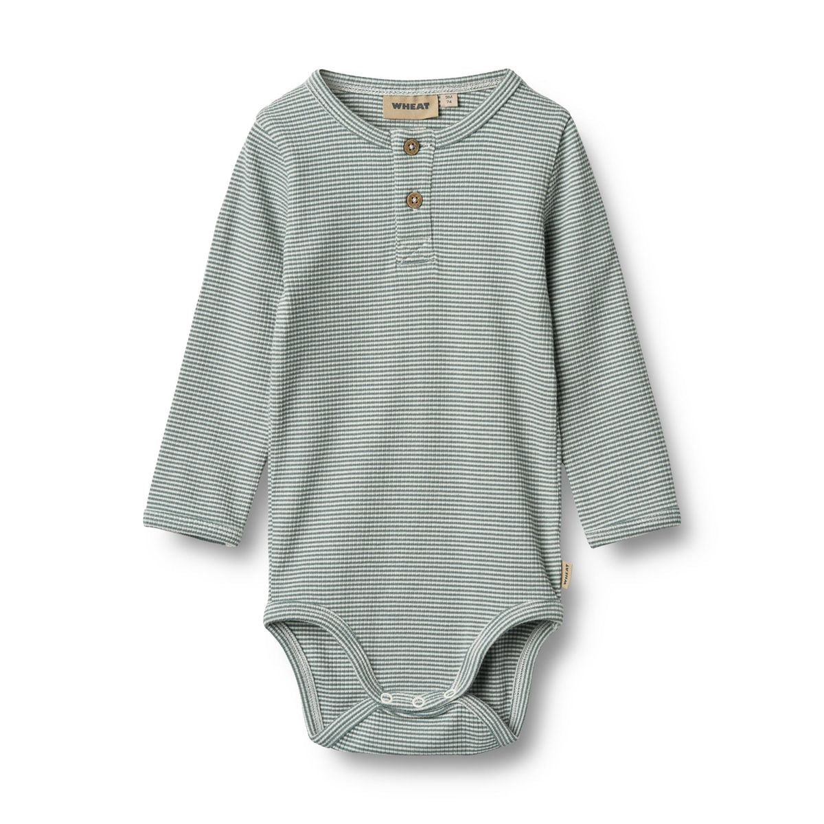 Flat front product image of a long sleeve baby bodysuit