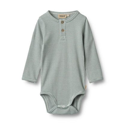 Flat front product image of a long sleeve baby bodysuit