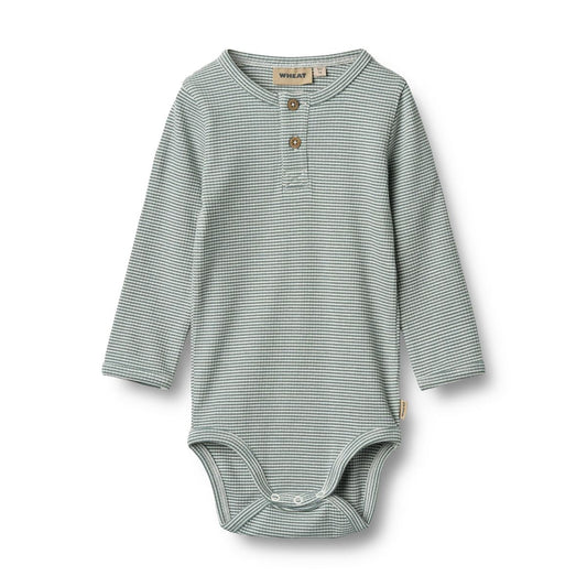 Flat front product image of a long sleeve baby bodysuit