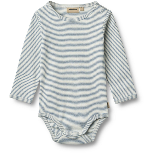 Flat front product image of a long sleeve baby bodysuit