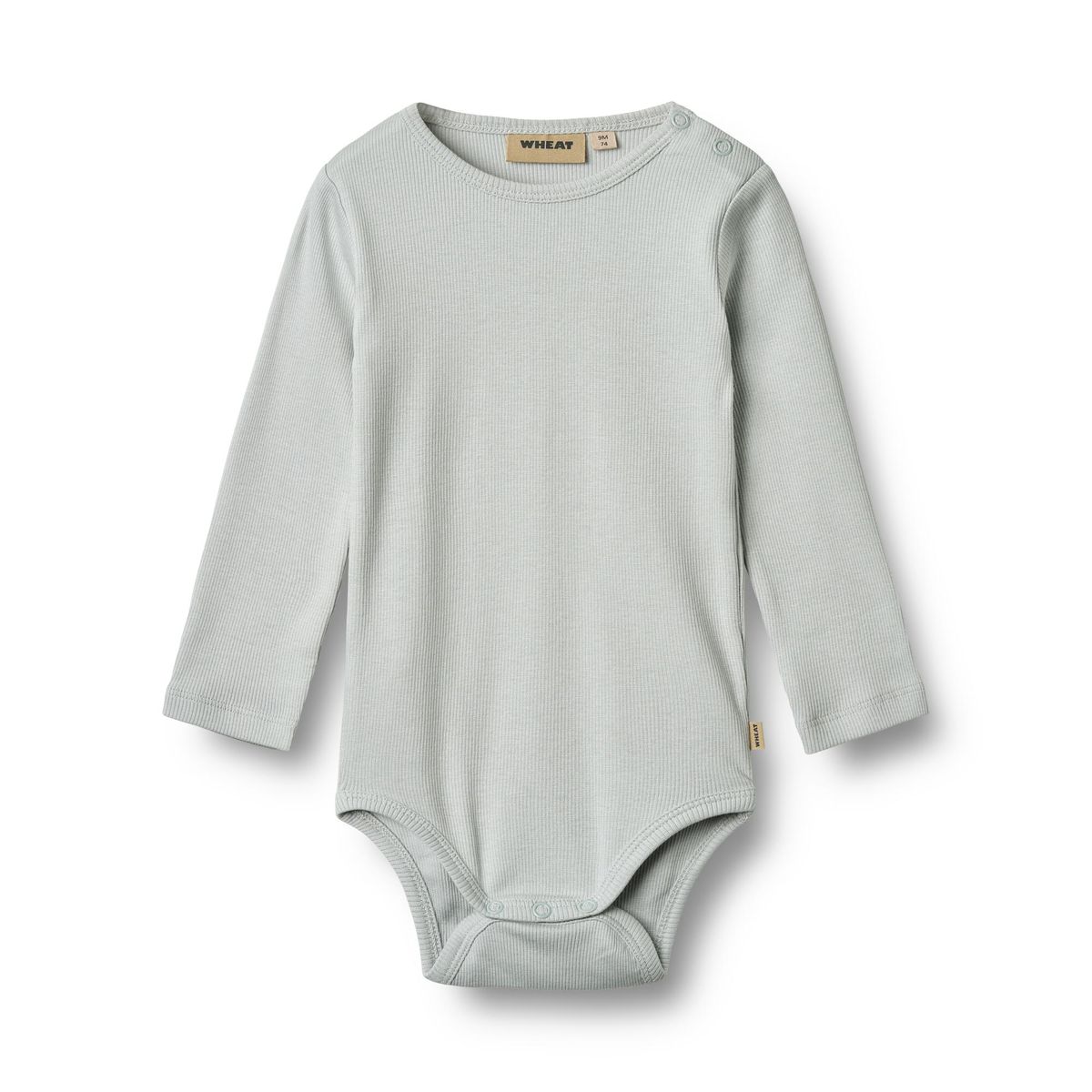 Flat front product image of a long sleeve baby bodysuit