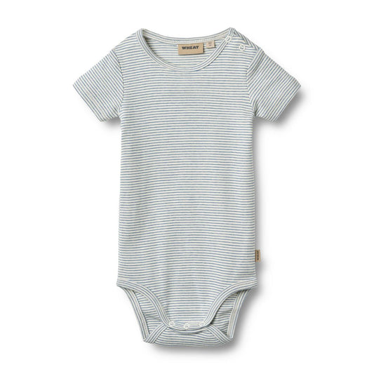 Flat front product image of a short sleeve baby bodysuit