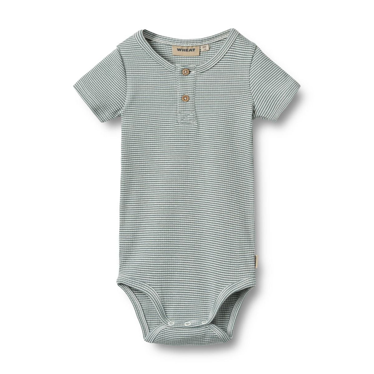 Flat front product image of a short sleeve baby bodysuit