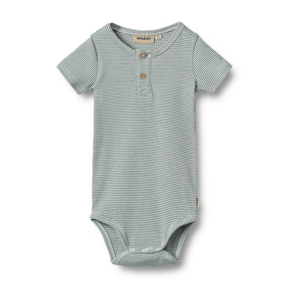 Flat front product image of a short sleeve baby bodysuit