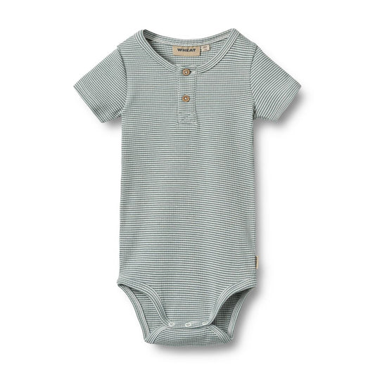 Flat front product image of a short sleeve baby bodysuit