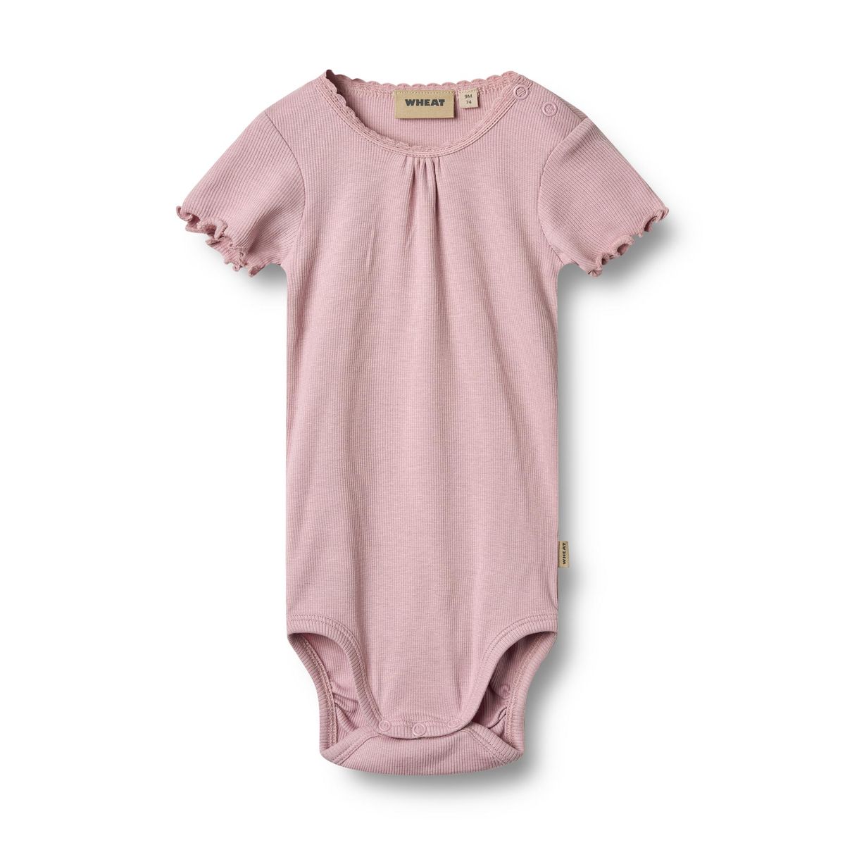 Flat front product image of a short sleeve baby bodysuit