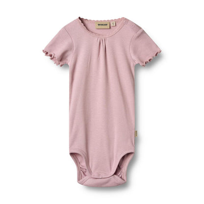 Flat front product image of a short sleeve baby bodysuit