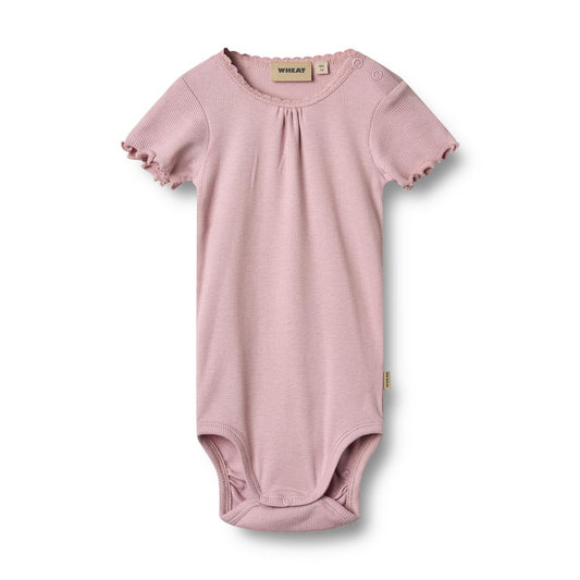 Flat front product image of a short sleeve baby bodysuit