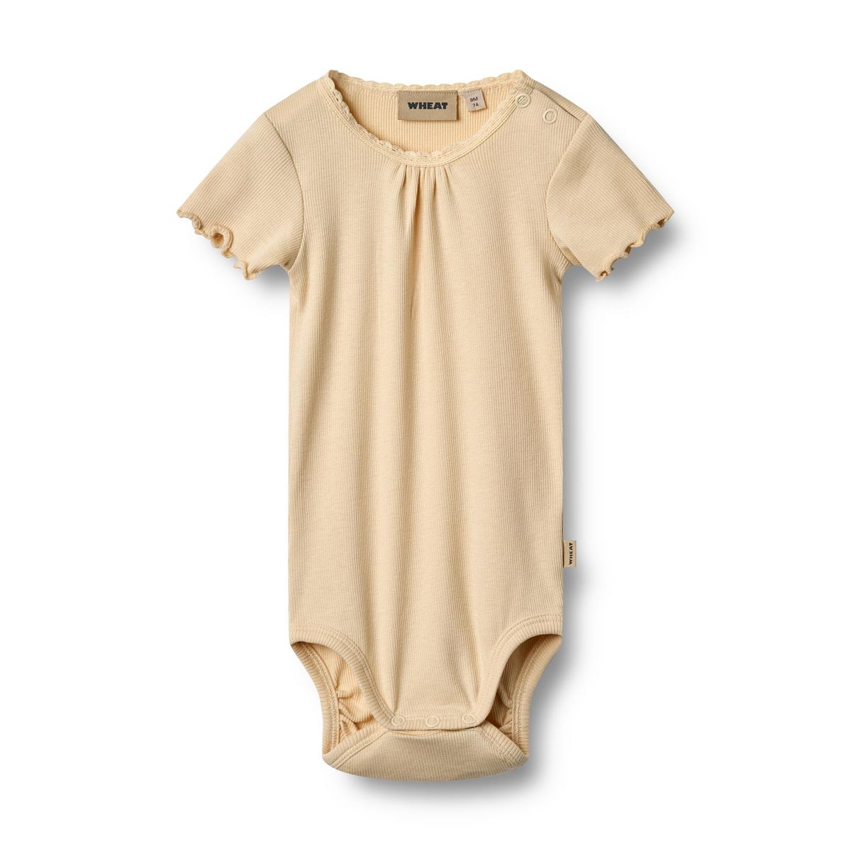 Flat front product image of a short sleeve baby bodysuit