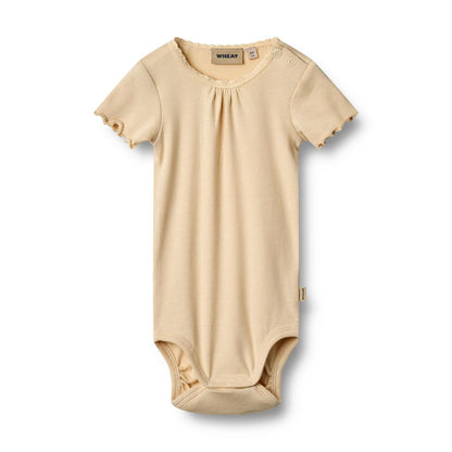 Flat front product image of a short sleeve baby bodysuit