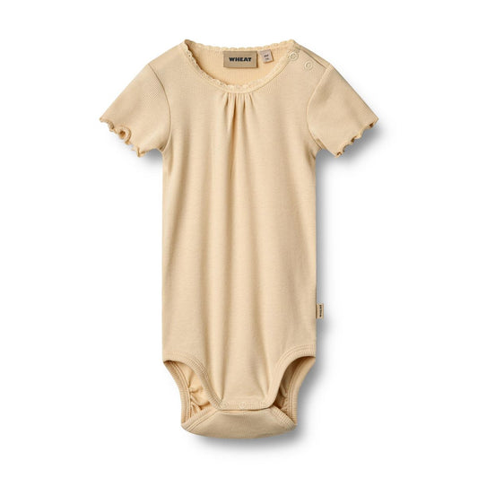 Flat front product image of a short sleeve baby bodysuit