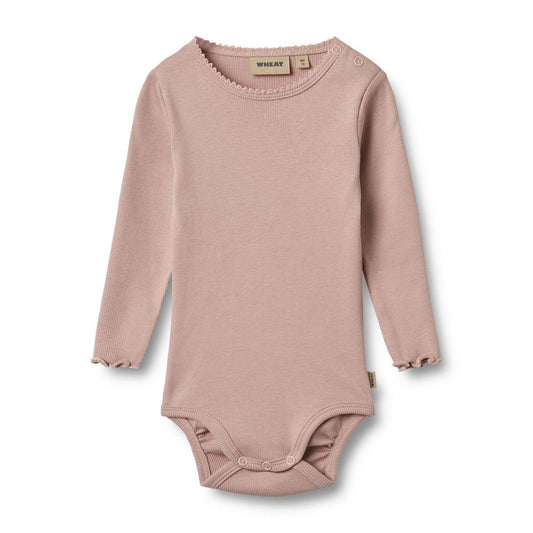 Flat front product image of a long sleeve baby bodysuit